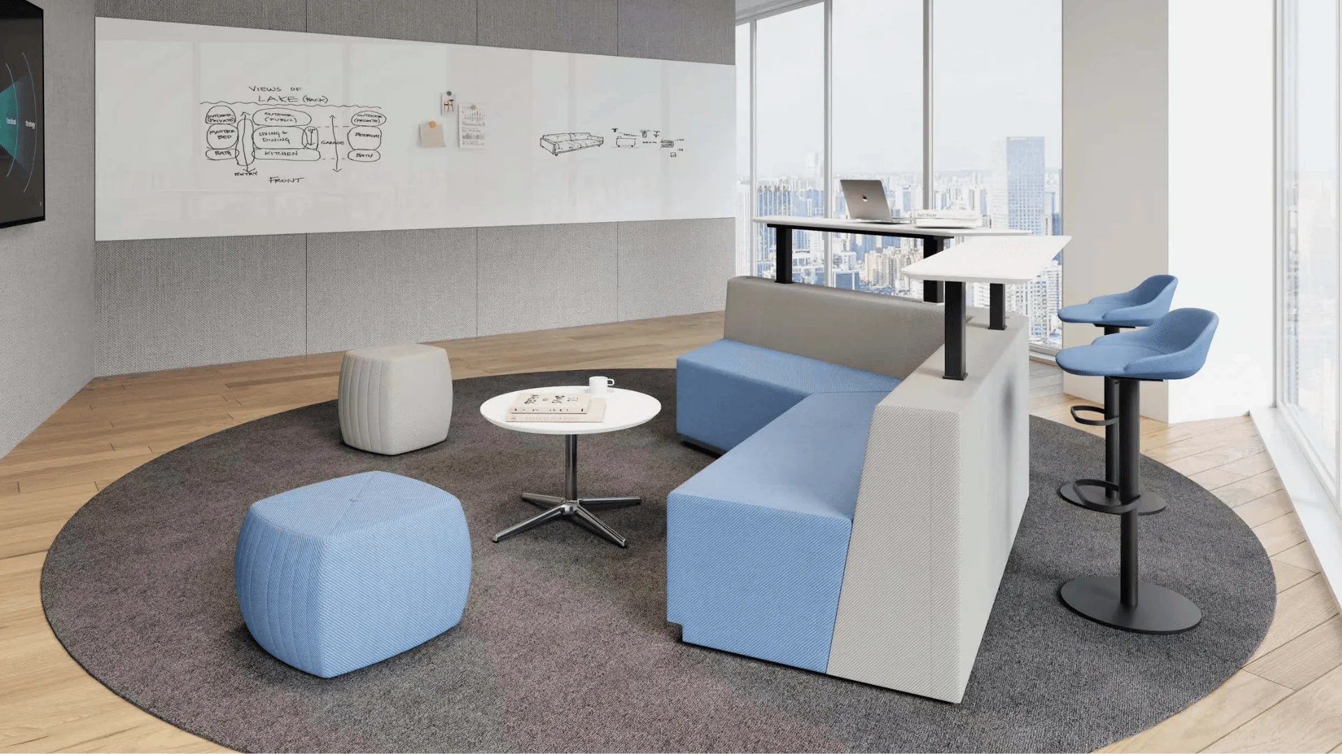 Collaborative team workspace with comfortable seating and natural elements